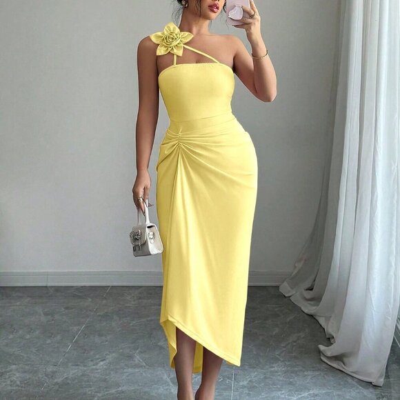 Dresses & Skirts - Yellow Elegant Women's 3d Floral Pleated Dress